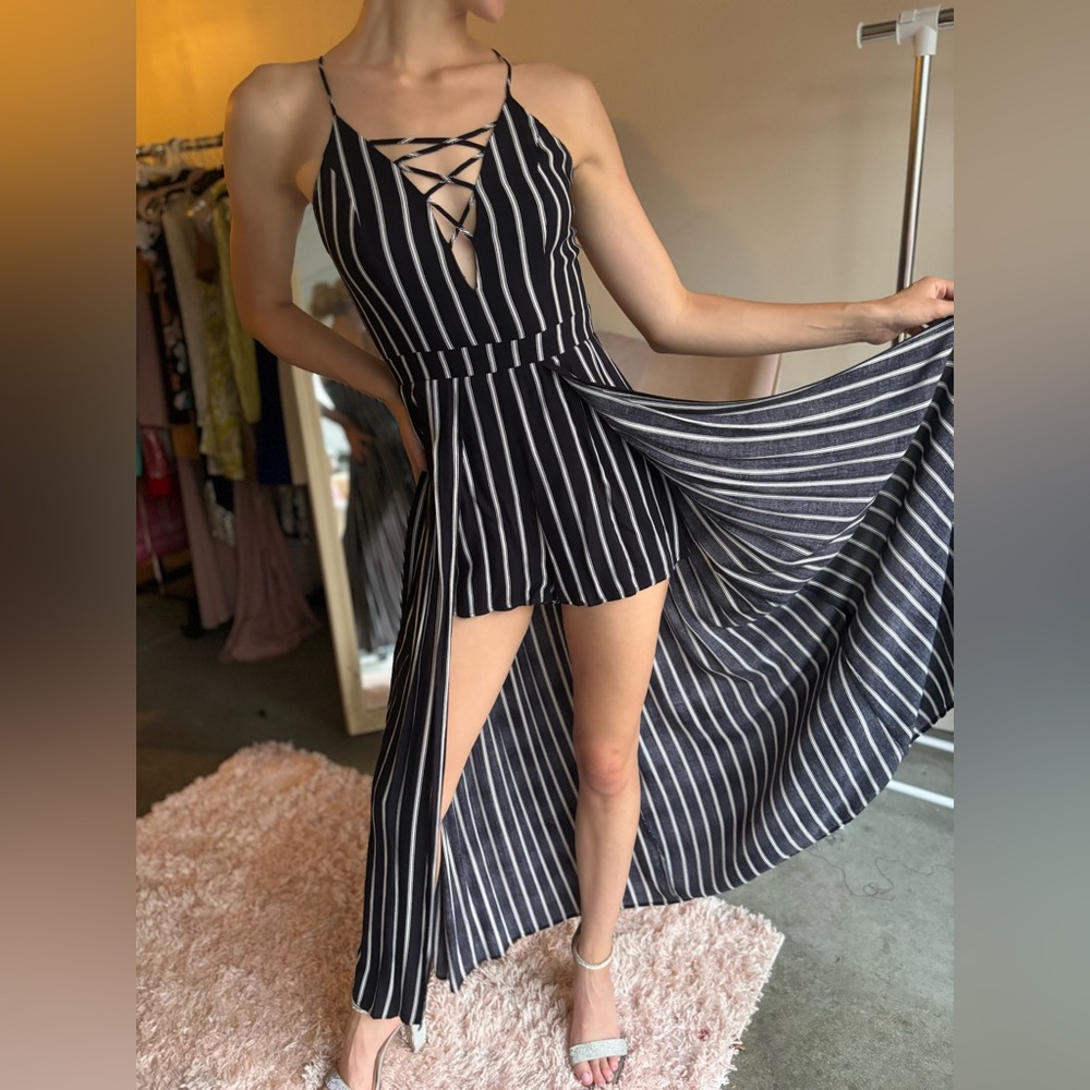 Altar’d State striped high low shorts/dress/romper navy and white size s